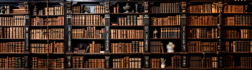 Old bookshelves with candles, lanterns and other decorative objects. Panoramic view. - Powered by Adobe