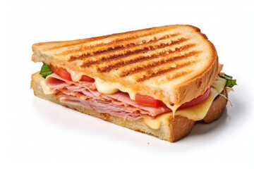 Crispy toasted sandwich with ham, melted cheese, tomato isolated on white background