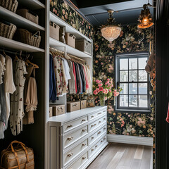 Walk-in Closet with floral Wallpaper