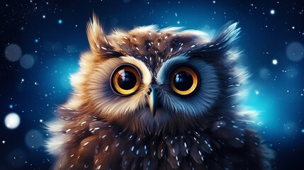 A cute portrait of an anthropomorphic owl surrounded by stars in the night sky