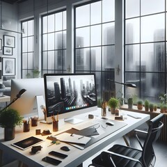 High buildings seen through rainy windows add to the cool vibe of a modern office desk in a nice interior. - obrazy, fototapety, plakaty