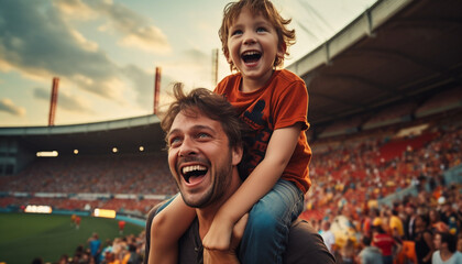happy fans father with child at the stadium