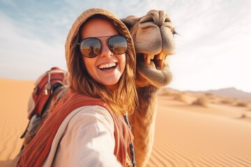 happy smiling young woman with camel in desert 