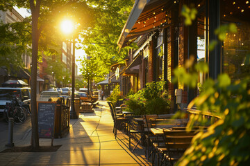 Trendy urban neighborhood, a lively urban landscape with trendy cafes, boutiques, and street life, offering a hip and vibrant setting with copy space for promoting local businesses and events. - obrazy, fototapety, plakaty