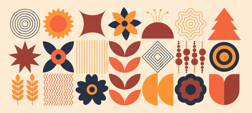 Geometric natural pattern. Abstract flower leaves plant simple shape, folk scandinavian design. Minimal vector banner, eps 10 Bauhaus