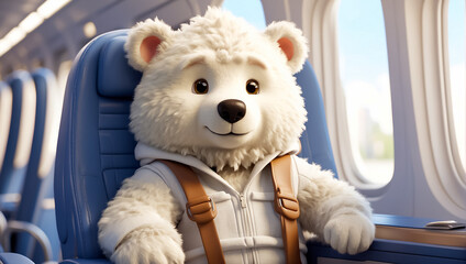 Cute cartoon smiling bear in an airplane seat vacation