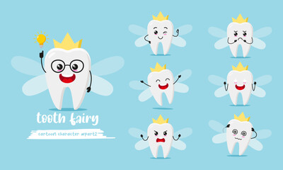 cute tooth fairy cartoon with many expressions. teeth character different activity pose vector illustration flat design set.