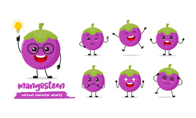 cute mangosteen cartoon with many expressions. fruit character different activity pose vector illustration flat design set.
