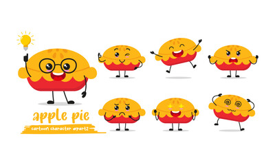 cute apple pie cartoon with many expressions. pastry character different activity pose vector illustration flat design set.