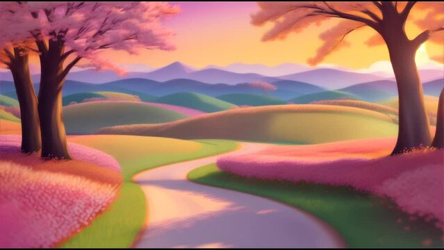 Enchanting Sunset Landscape, Cartoon, Animated