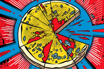 Drawn pop art illustration of pizza. Fast food. Retro style. Hand drawn sign.