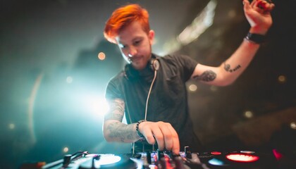 Attractive young DJ with red hair and tattoos playing music and dancing in a club