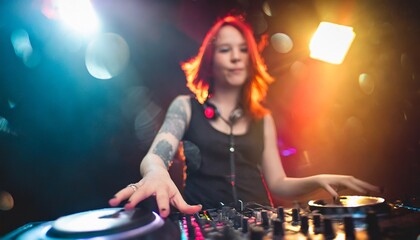 Fototapeta na wymiar Attractive young female DJ with red hair and tattoos playing music and dancing in a club