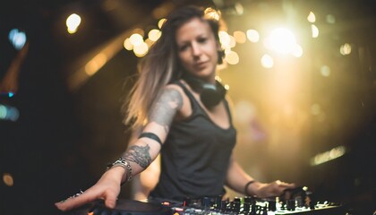 Attractive young female DJ with tattoos and long hair playing music and dancing in a club, focus on...