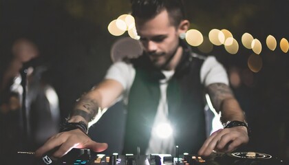 Attractive young male DJ with tattoos playing music and dancing in a club, focus on mixing pult