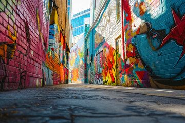 Street art district, an urban landscape featuring vibrant street art murals, creating a colorful...