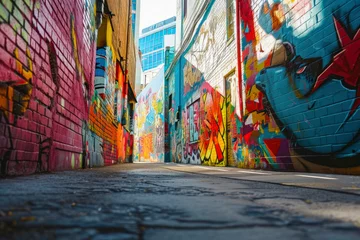 Foto auf Glas Street art district, an urban landscape featuring vibrant street art murals, creating a colorful and dynamic setting with copy space for creative and artistic promotions. © Hunman