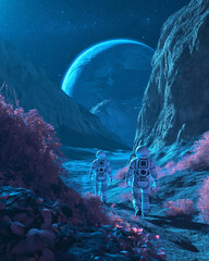 Astronauten auf fremden Planeten - blau und pink - obrazy, fototapety, plakaty