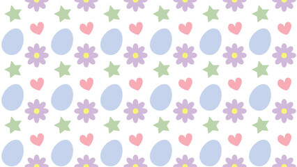Easter seamless pattern:: Features Easter eggs, flowers, hearts, and stars in pastel colors.