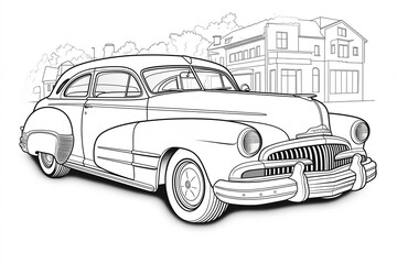 Colouring book page for kids, black outline , white background, white segments to color, car