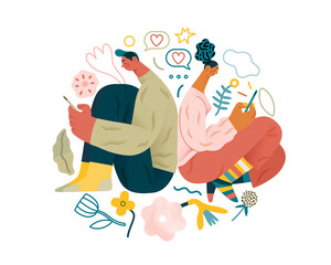 Valentine: Digital Whispers - modern flat vector concept illustration of a couple seated close, messaging each other. Metaphor for the intimacy of modern digital communication