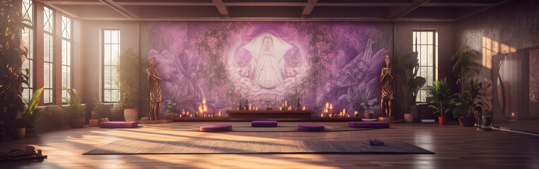 Spacious and serene yoga studio with ambient lighting, purple hues, large mural, and meditation cushions.