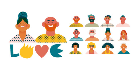 Valentine: Spectrum of Love - modern flat vector concept illustration of a vibrant array of individual portraits celebrating love's diverse expressions. Metaphor for the universal language of love