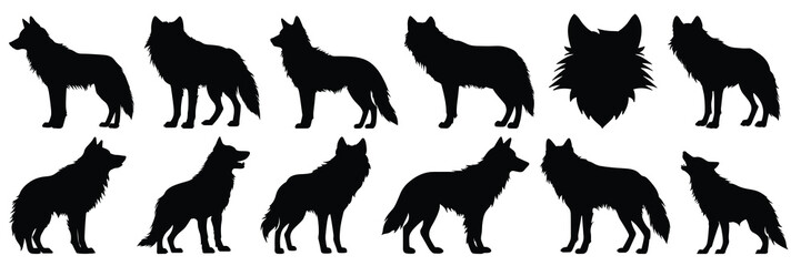 Wolf silhouettes set, large pack of vector silhouette design, isolated white background © FutureFFX