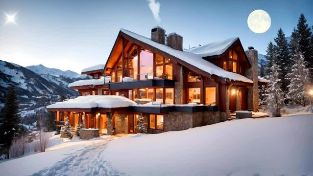 Stunning Snowy Mansion in Aspen Colorado with Mountain View. 3D Visualized from Real Source. NOT AI. Loop