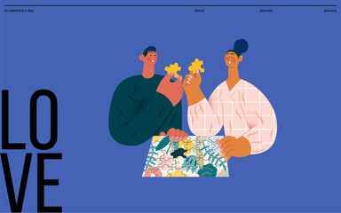 Valentine: Unexpected Match -modern flat vector concept illustration of a couple with duplicate puzzle pieces, a twist in their completion. Metaphor for life's surprising coincidences in relationships
