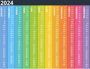 Vertical rainbow 2024 calendar vector, english language. 2024 Calendar of 12 Months