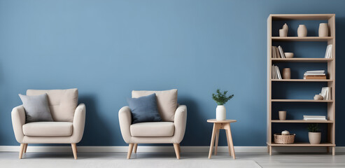 Fabric chair and bookcase against a blue wall. Scandinavian interior design for a modern living room. Patient reception room.