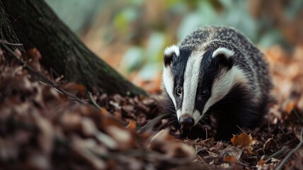 A badger foraging in autumn leaves