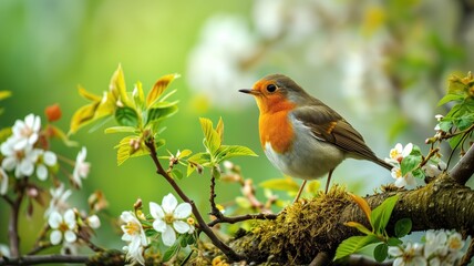 A robin amidst blossoming spring flowers