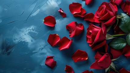 Red rose petals scattered on a blue painted background
