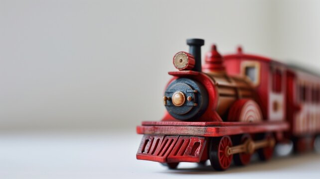 A red wooden toy train on a soft white background
