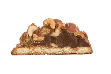 Sliced of a nut cookie with boiled condensed milk covered with chocolate glaze.