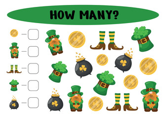 How many? Kids game with st Patrick day vector elements. Development of numeracy skills and attention, cartoon riddle page. Math worksheet for kindergarten, school, preschool children.