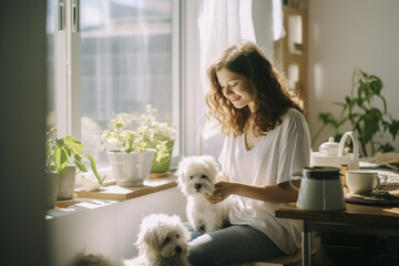 Fototapeta na wymiar happy smiling woman with her dog at home 