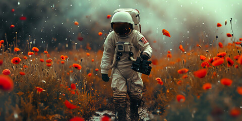 Astronaut in Mohnblumenfled - obrazy, fototapety, plakaty