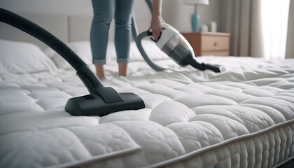 Woman using vacuum cleaner to vacuum mattress in a bedroom created with generative ai