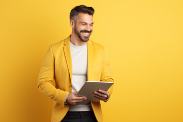 happy smiling handsome man with tablet on bright yellow solid background with copy space 
