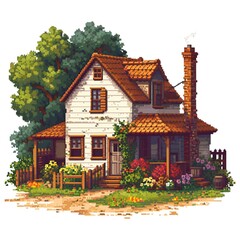Fototapeta na wymiar Pixel Art Farmhouse on White Background