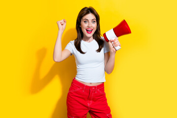 Portrait of overjoyed cheerful girl with retro hairdo wear white t-shirt hold megaphone support you...