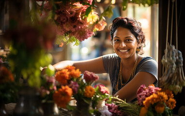 Picture of beautiful indian woman florist while working. - obrazy, fototapety, plakaty