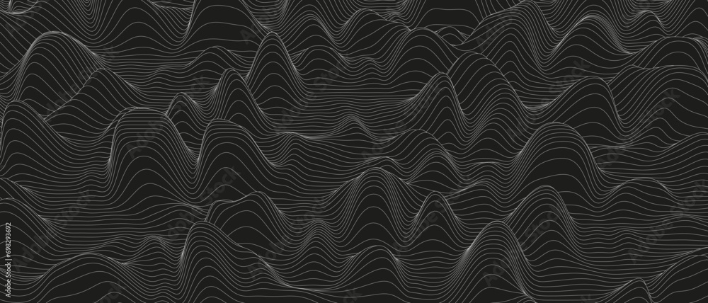 Poster abstract background with distorted line shapes on a black background. monochrome sound line waves.