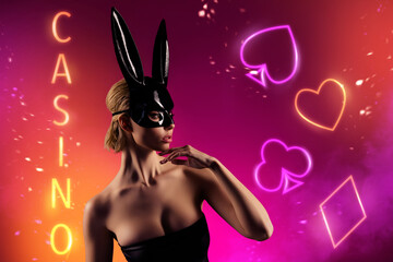 Collage picture charming young girl wear bunny mask promo casino games gambling blackjack cards...