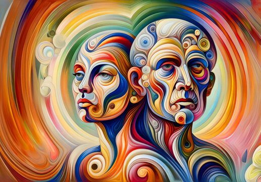 abstract painting of two people with different colors, square facial structure, highly detailed character design, parallelism, acids, man and woman, transhuman, transcendent, tense design,