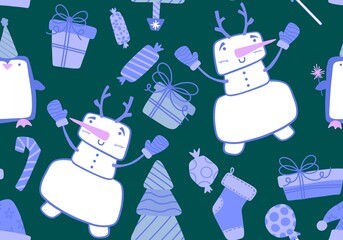 Christmas tree and snowman seamless gift box and gloves and candy and penguin pattern for wrapping paper
