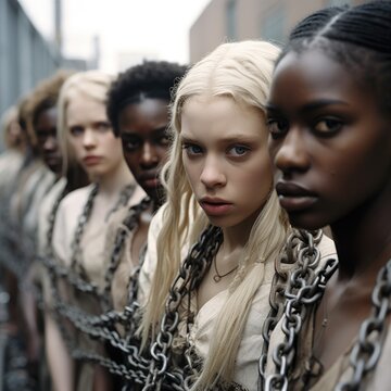 Beautiful girls hostages, captives, slaves, in shackles and chains work as slaves, abuse and terror